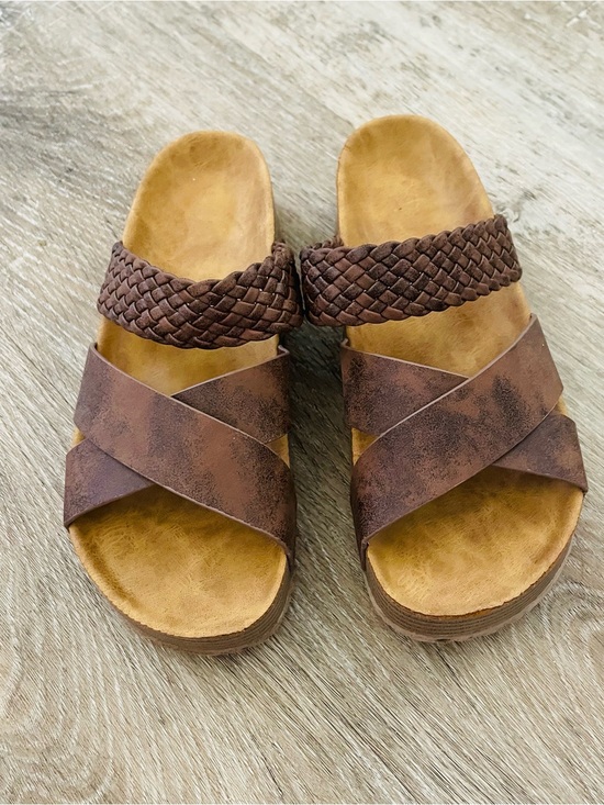 Shoes - Women’s Brown Braided & Crisscross Slide Sandals